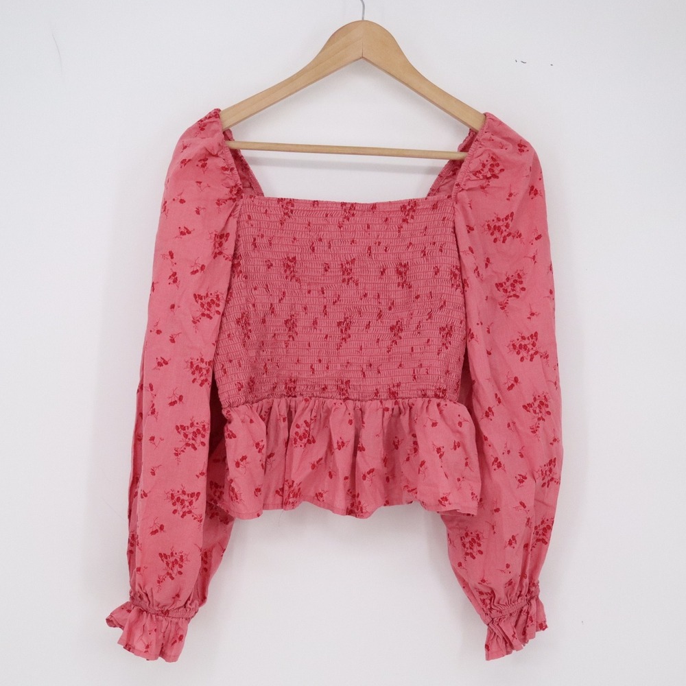 Dizzy Lizzy Top Womens XL Peplum Smocked Pink Floral Puff Sleeve Excellent